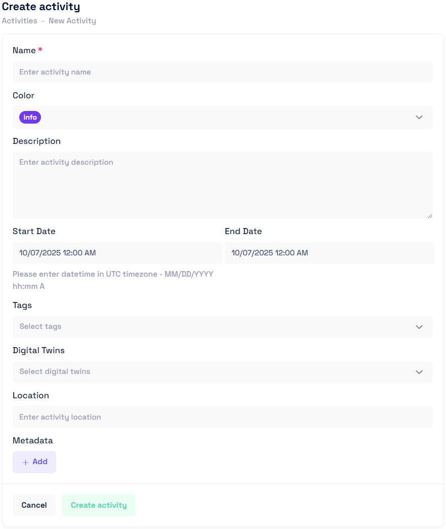 Activity creation form screenshot
